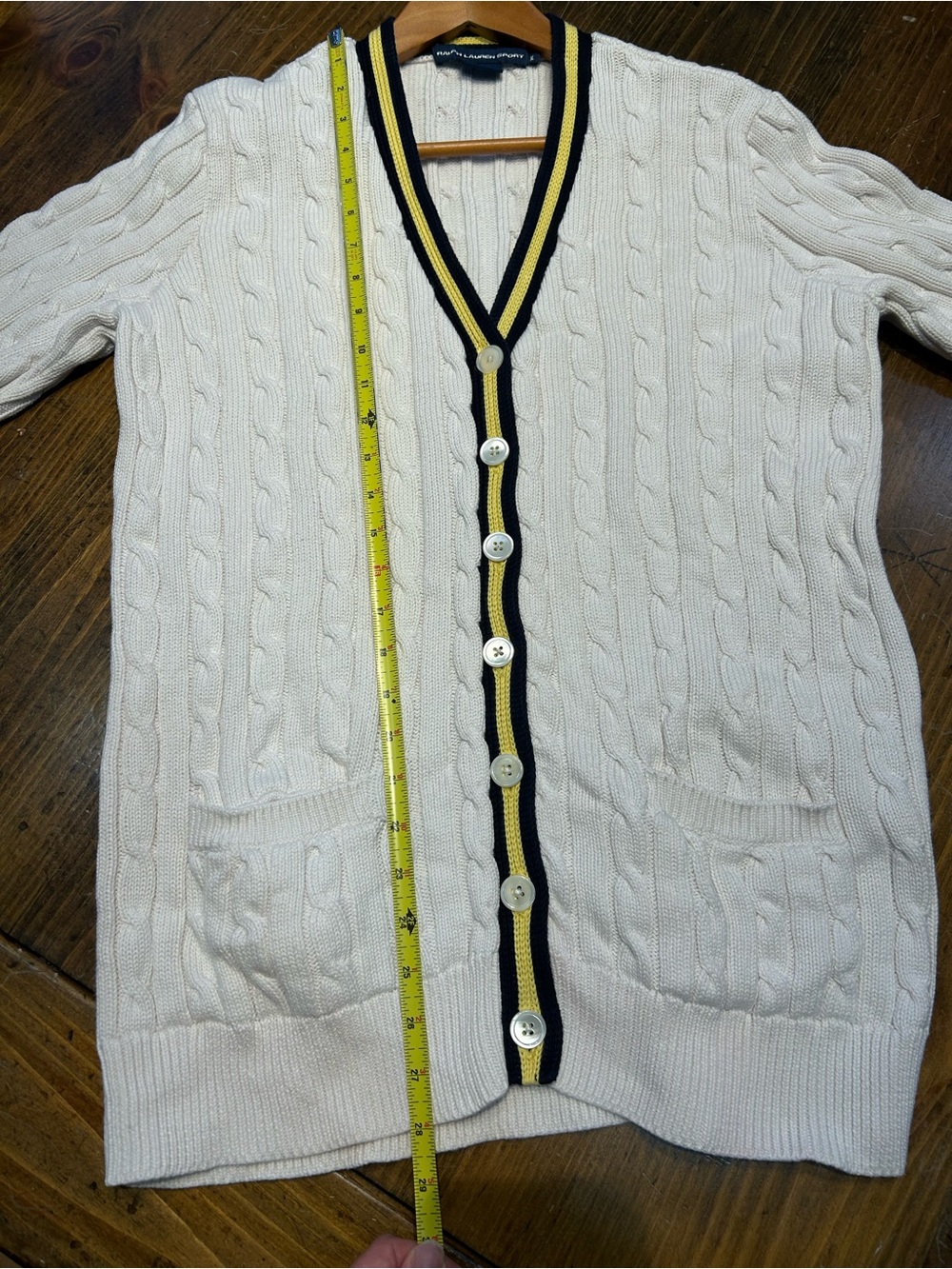Ralph Lauren Sport XL Cream Cable-Knit Cardigan with Navy & Gold Trim - Picture 7 of 7